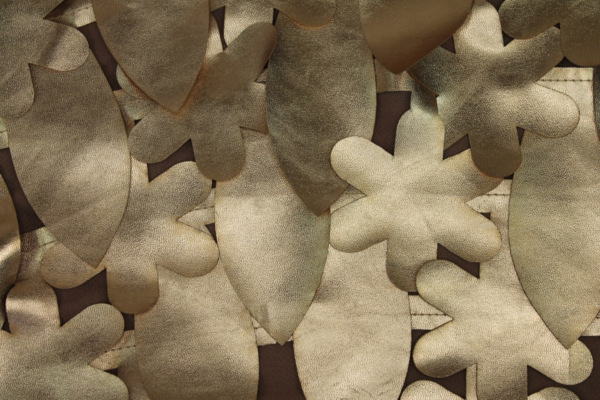 Large Gold Flower and Leaf Cut Out Leatherette on Chiffon fabric