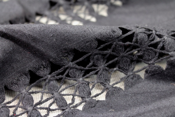 Black Silk Noil with String Pulled and Tied Lines fabric