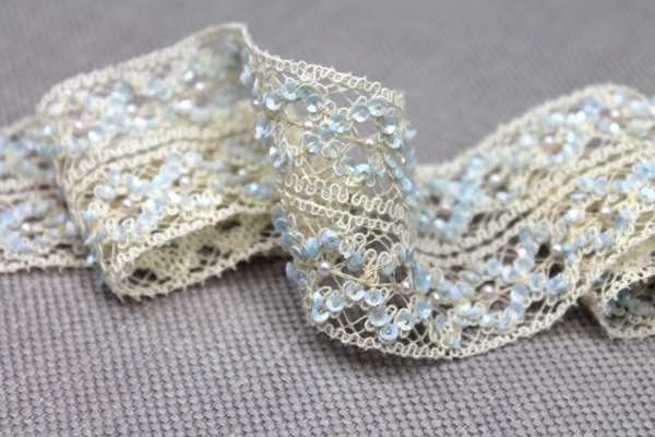Sequinned Trellis Lace Trim - Cream and Pale Blue