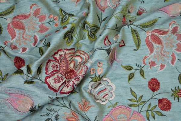 Sage Green Textured Raw Silk with Floral Embroidery fabric