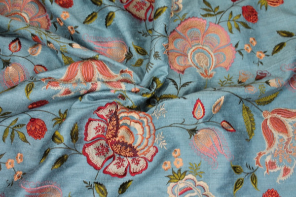 Dusty Blue Textured Raw Silk with Floral Embroidery fabric