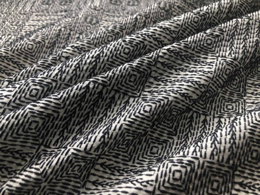 Black Geometric Embroidery on Natural Tassar fabric