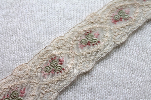 Cute Embroidered Cotton Tulle Trim - Cream, Pink and Green