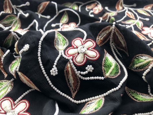 Black Chiffon with Leaf Embroidery and Pearl Beads fabric