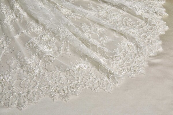 Beaded and Sequinned Chantilly Lace with Two Different Scallops - Vintage Ivory fabric