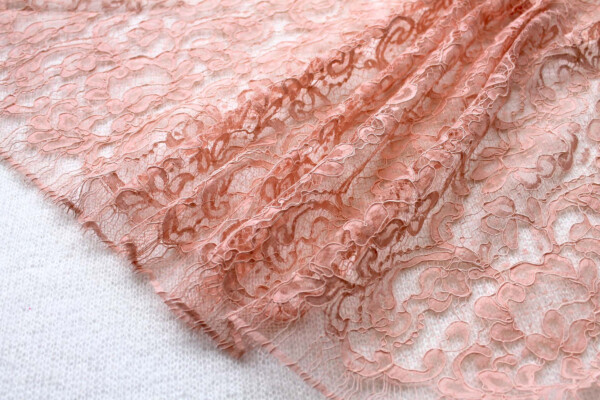 Salmon Pink Corded Leavers Lace fabric