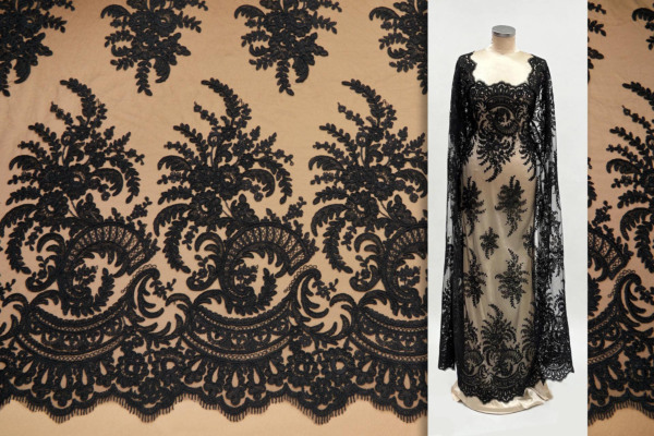 Corded Embroidered Tulle - Black - Double Scallop