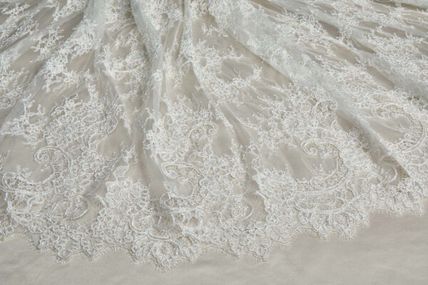 Corded, Beaded and Sequinned Chantilly Lace Double Border in Ivory fabric
