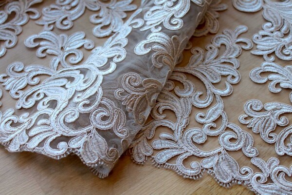 Corded Embroidered Tulle - Oyster - Double Scallop fabric