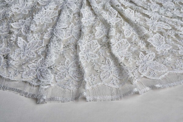 Heavily Beaded and Sequinned Floral Leavers Lace in Ivory and Silver fabric