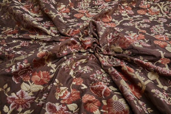 Tapestry Style Floral Brocade - Red, Pink and Pale Gold on Deep Maroon fabric