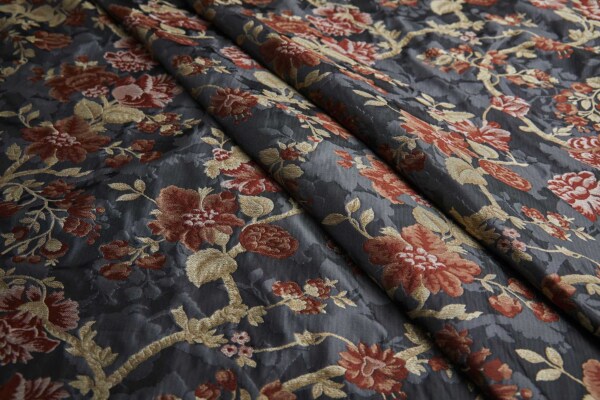 Tapestry Style Floral Brocade - Red, Pink and Pale Gold on Dark Grey fabric