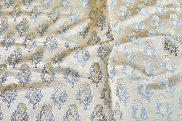 Soft Banaras Brocade - Pale Golden Cream with Blue and Yellow - 0.35m Piece fabric