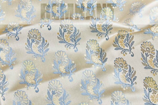 Soft Banaras Brocade - Pale Golden Cream with Blue and Yellow - 0.35m Piece fabric