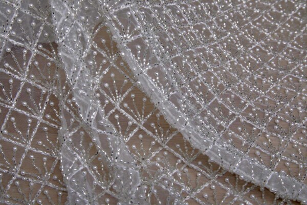 Silver Beaded Trellis Pattern on Tulle with Pearls fabric