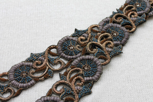 Zari Work Metallic Trim - Floral Gold, Copper & Grey Blue