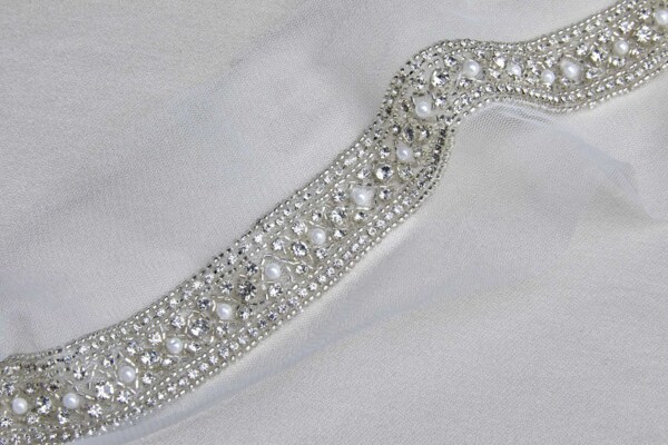 Wide "Criss Cross" Seed Bead and Diamante Trim in Silver