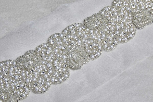 Diamante, Pearl and Glass Bead Trim - Silver