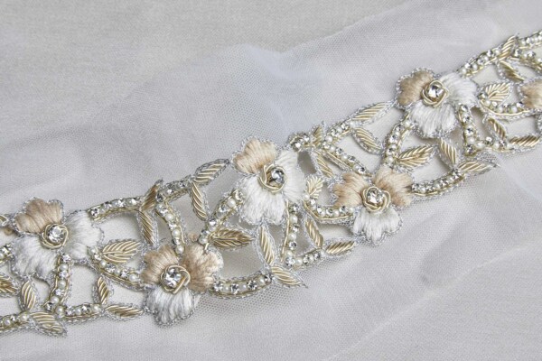 Floral Embroidered Cut-out Trim with Crystals, Beads, Metal Work and Pearls - Ivory/Blush