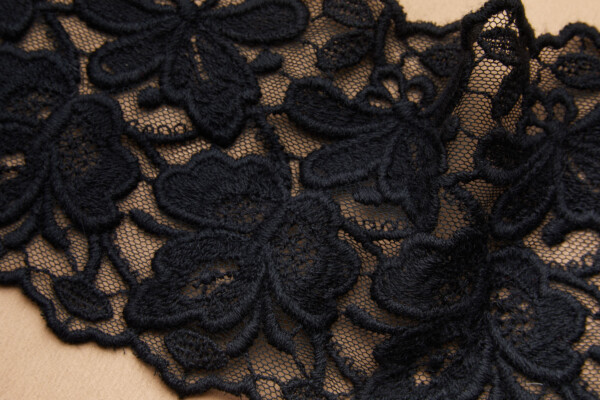 Chunky Embroidered Wool and Cotton Tulle Trim - Black