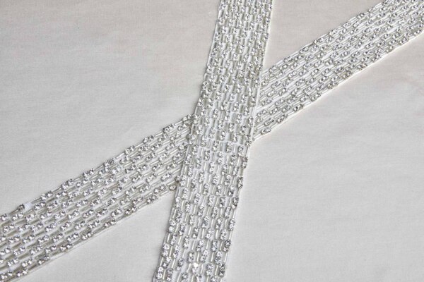 Wide Beaded Diamanté Grosgrain Ribbon in Ivory and Silver trim