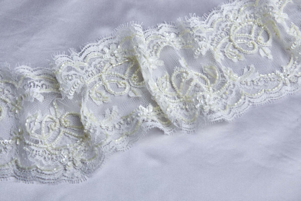 Beaded and Sequinned Double Scalloped Lace Trim in Ivory and Cream