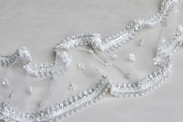 Wide Beaded, Embroidered and sequinned Tulle Trim in Ivory and Grey