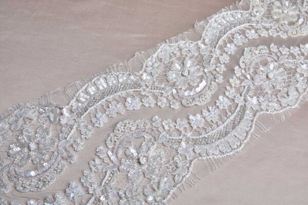 Double Scalloped AB Beaded and Sequinned Leavers Lace Trim in Ivory