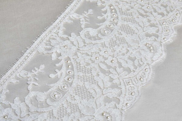 Scroll Border Leavers Lace Trim in Ivory with Pearls