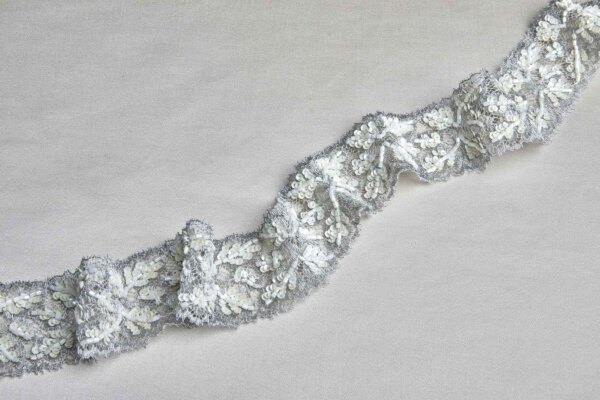 Beaded and Sequinned Lace Trim - Silver / Cream
