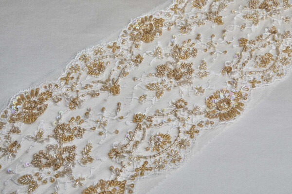 Double Scalloped Lace Trim in Ivory Beaded and Sequinned in Tan