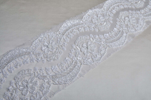 Double Scalloped Beaded and Sequinned Leavers Lace Trim in Ivory