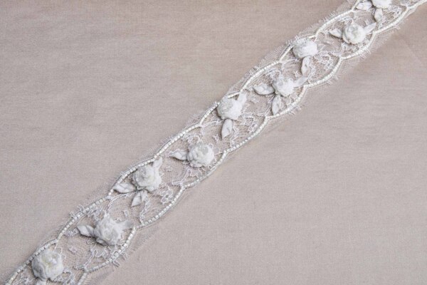 Beaded and Appliqued Chantilly Lace Trim in Ivory