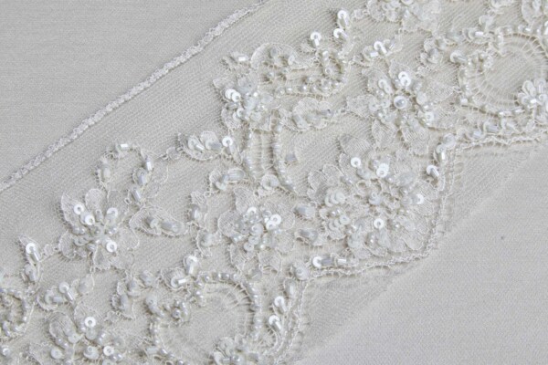 Vintage Beaded and Sequinned Embroidered Silk Tulle Trim - Ivory