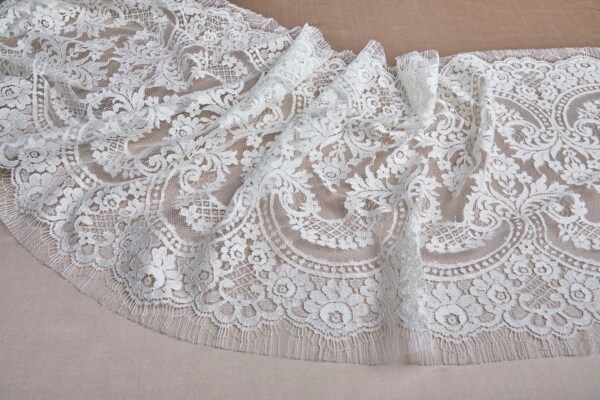 Wide Width Double Scalloped Leavers Lace Trim - Vintage Ivory