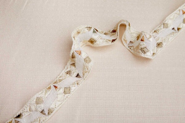 Geometric Embroidery on Linen Trim -  Cream & Khaki on Ivory