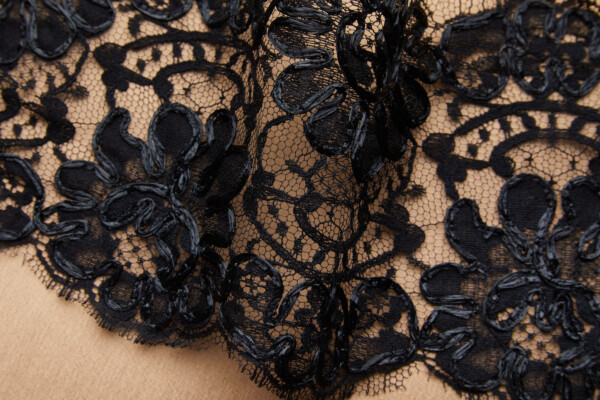 Floral Leavers Lace Trim Raffia Corded - Black