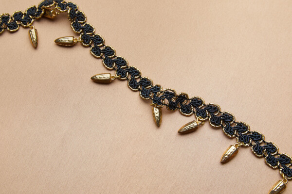 Passamanerie Braid in Black and Gold Gimp Cord and Dangling Gold Chillies