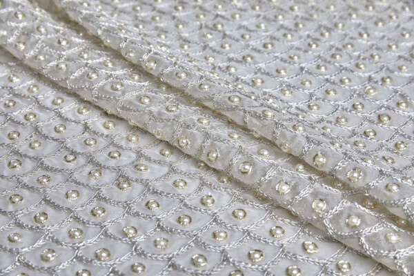 Silver Sari Work Scale Pattern with Pearls on Ivory Silk Organza fabric