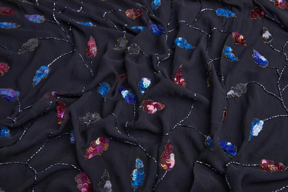 Black Chiffon with Beaded Stems and Sequinned Leaves