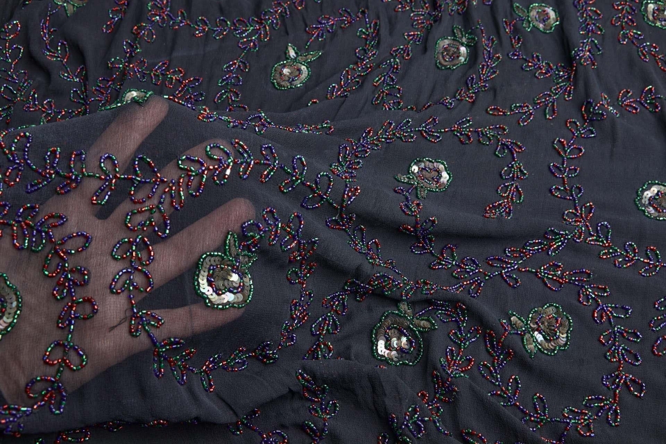 Black Georgette with Floral Swirl Beaded Embroidery - Red, Blue & Green