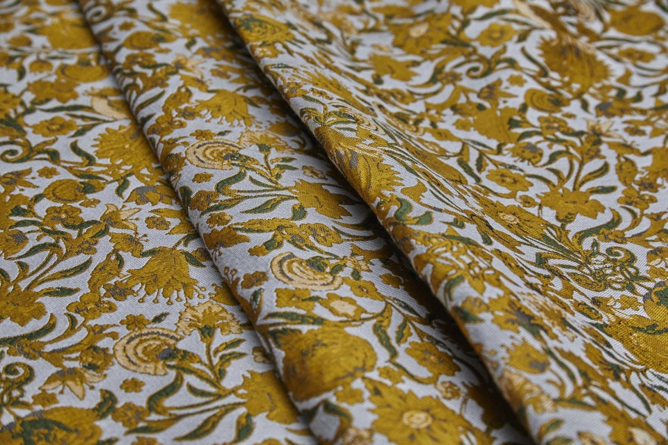 Thicker Tapestry Style Floral Brocade - Ivory, Mustard and Green