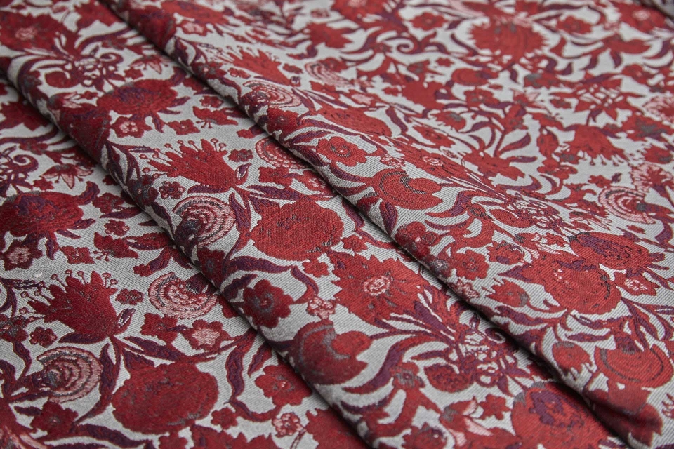 Thicker Tapestry Style Floral Brocade - Red, Pink and Burgundy on Ivory