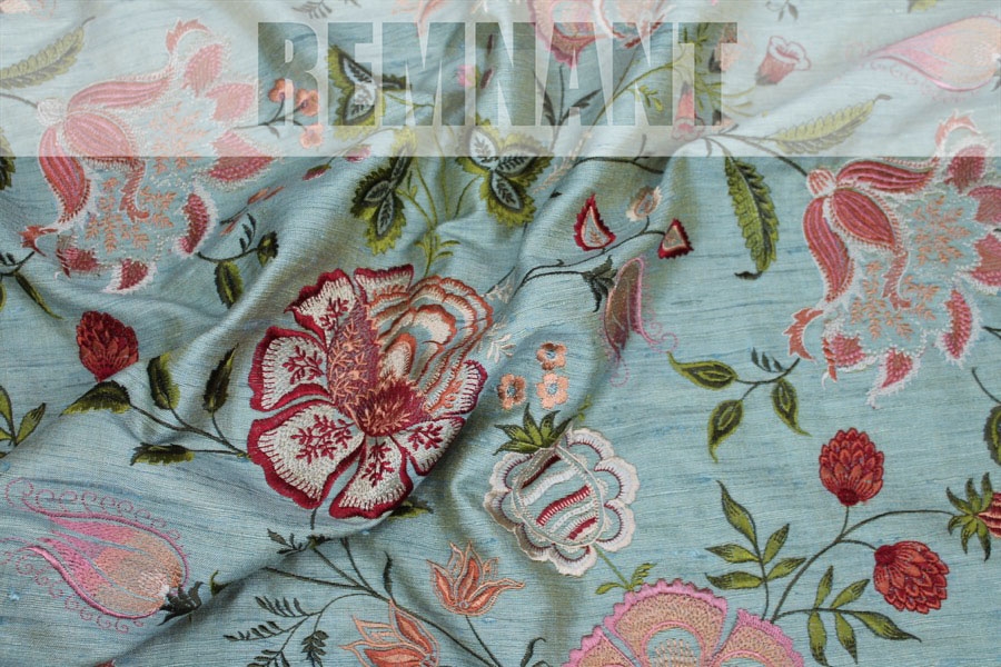 REMNANT - Sage Green Textured Raw Silk with Floral Embroidery - 0.55m Piece