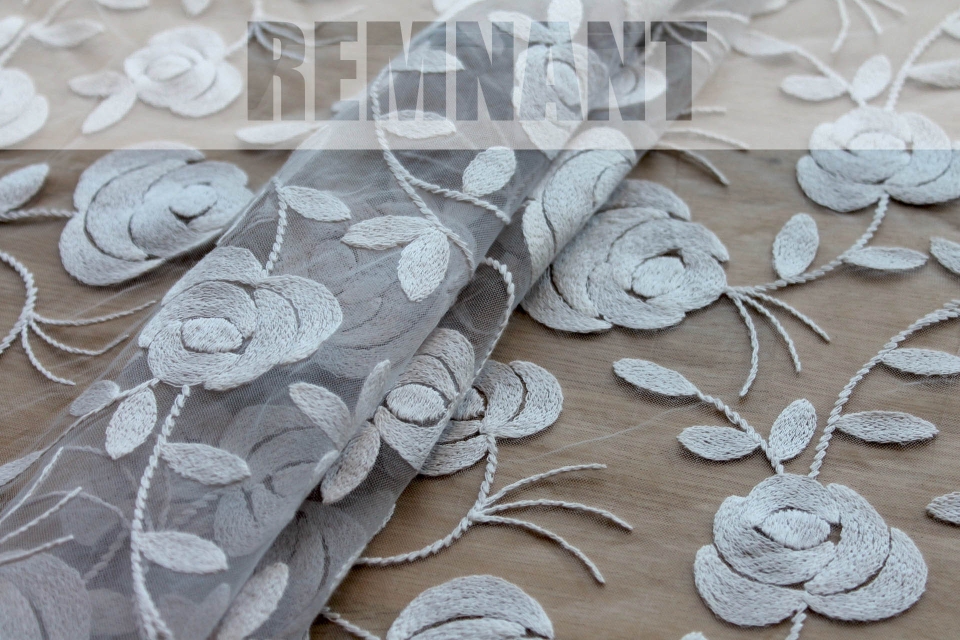 REMNANT - Floral embroidered Tulle - Grey - 0.4m Piece