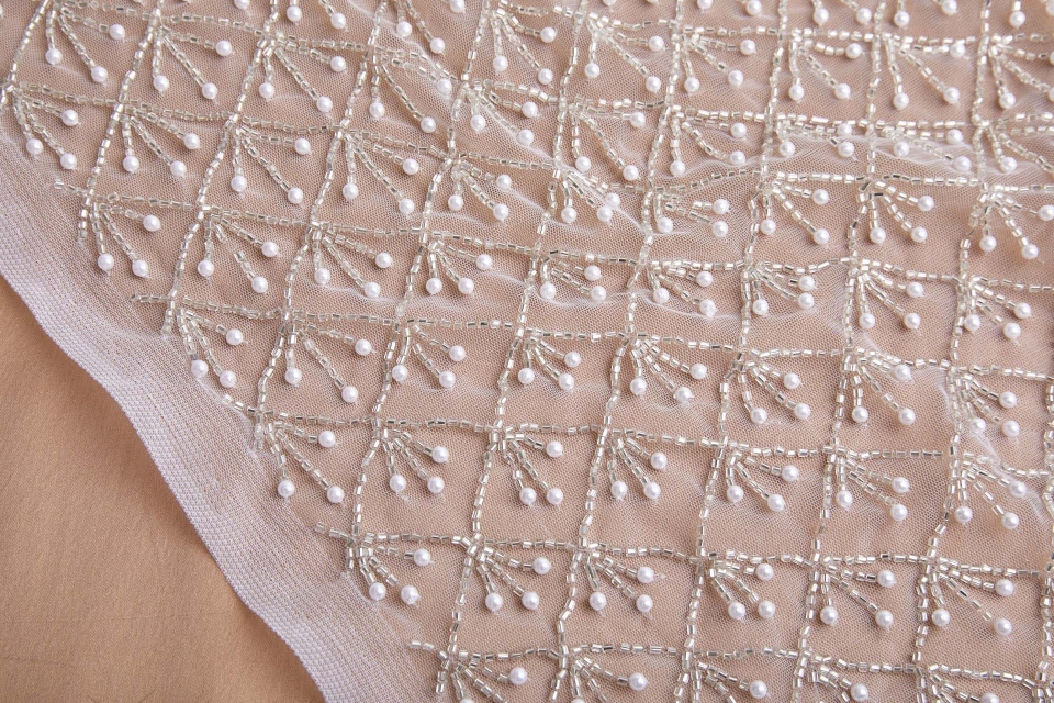 NEW VERSION - Silver Beaded Trellis Pattern on Tulle with Pearls
