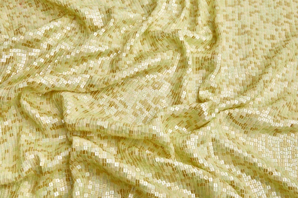 LAST PIECE - Small Square Sequin on Silk Chiffon - Golden green