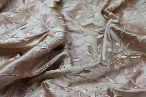 LAST PIECE - Embroidered Silk Dupion - Pink Leaves and Vines On Pink