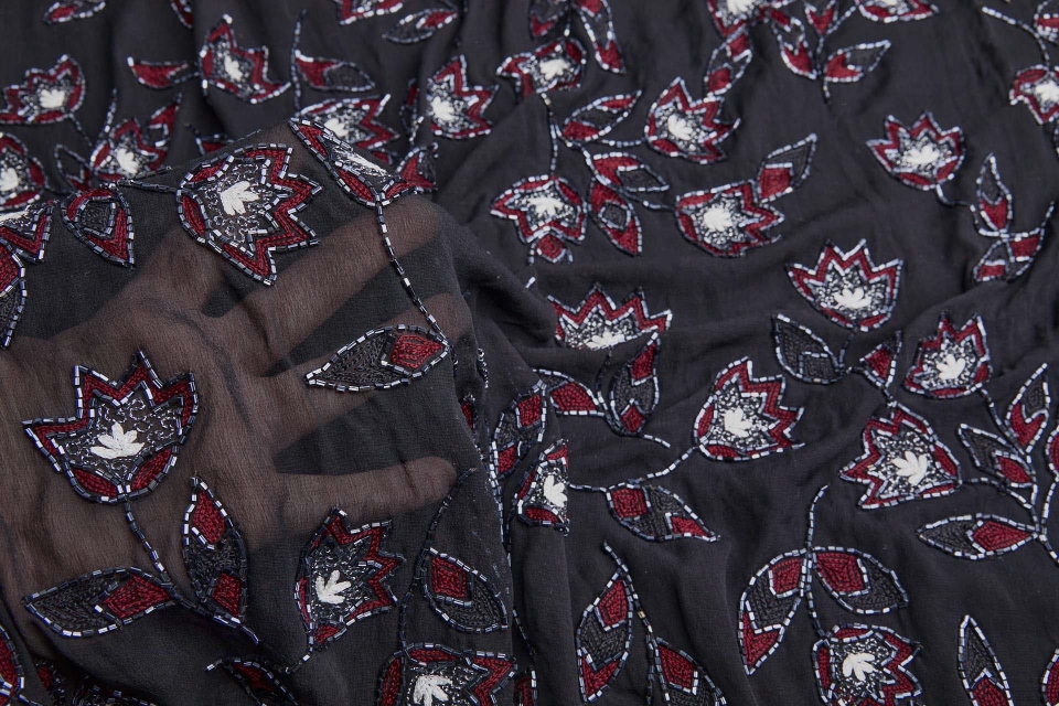 Vintage Black Silk Chiffon w/Beaded and Embroidered Flowers in Red, Ivory and Gunmetal