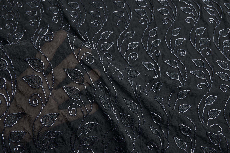 Vintage Black Silk Chiffon w/Beaded Leaf and Vine in Anthracite